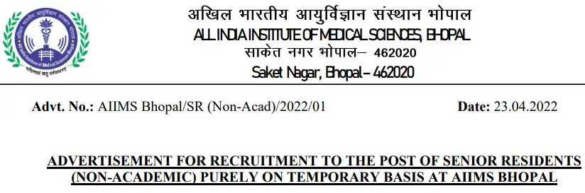 AIIMS Bhopal Senior Resident Recruitment 2022 pdf