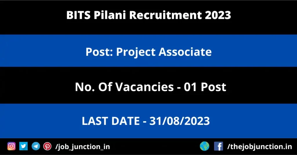IIT Ropar JRF Recruitment 2023 JOB JUNCTION BITS Pilani Project Associate Recruitment 2023