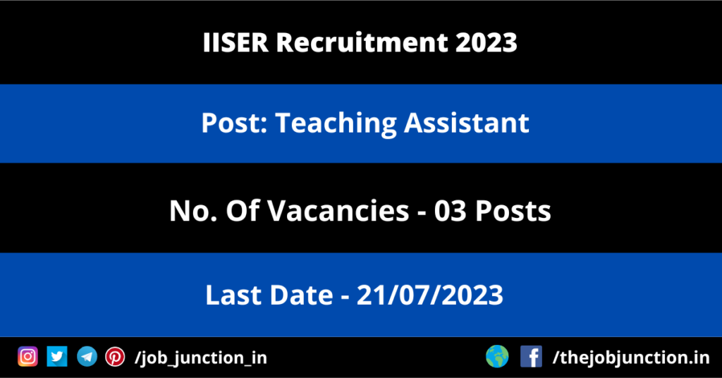 MMRCL Recruitment 2023 JOB JUNCTION IISER Pune Teaching Assistant Recruitment 2023