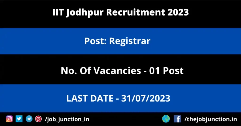 ISI Kolkata PLP Recruitment 2023 JOB JUNCTION IIT Jodhpur Registrar Recruitment 2023