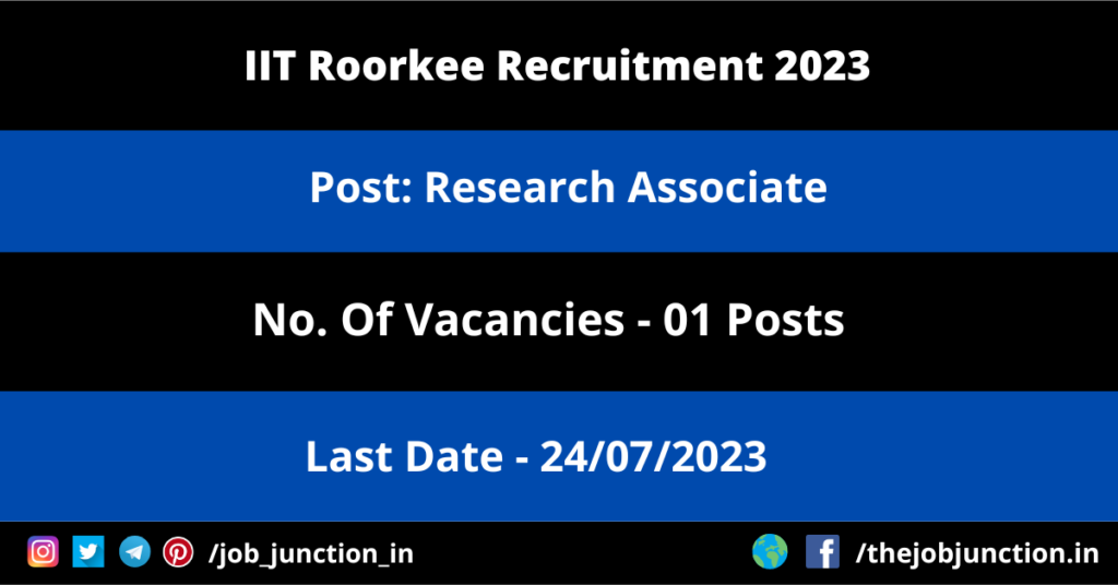 IIT Roorkee Research Associate Recruitment 2023 JOB JUNCTION IIT Roorkee Research Associate Recruitment 2023