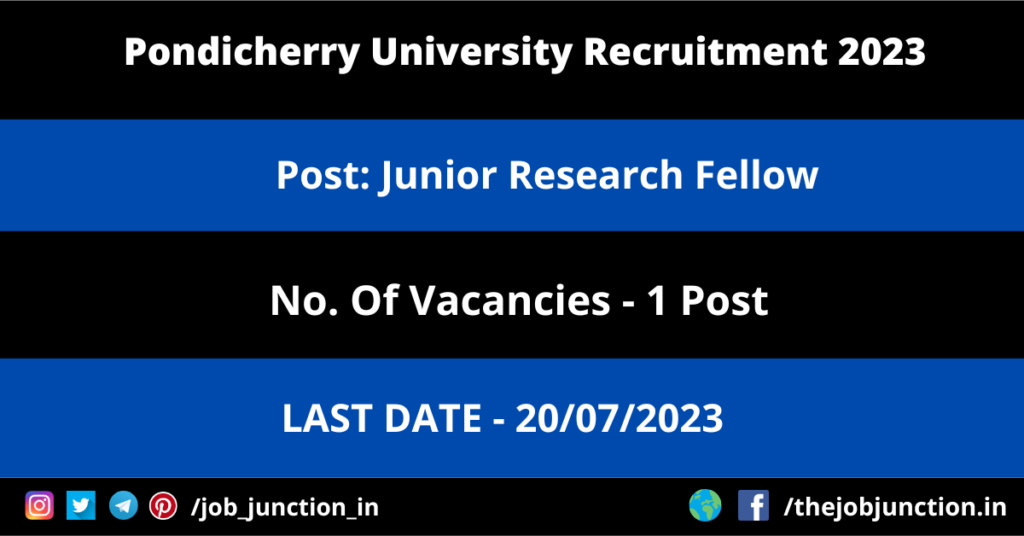 PMC Recruitment 2023 JOB JUNCTION Pondicherry University JRF Recruitment 2023