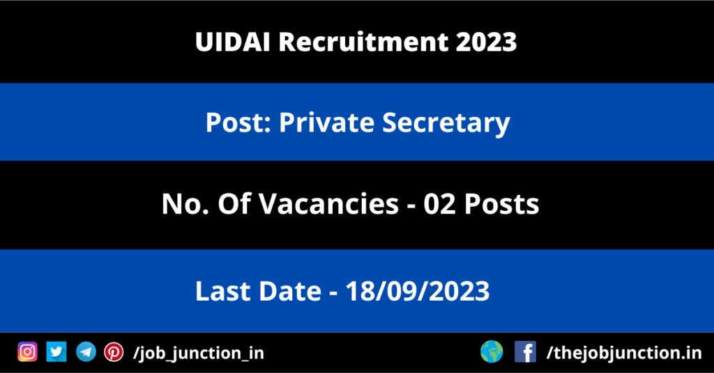 CAG Administrative Assistant Recruitment 2023 JOB JUNCTION UIDAI Private Secretary Recruitment 2023